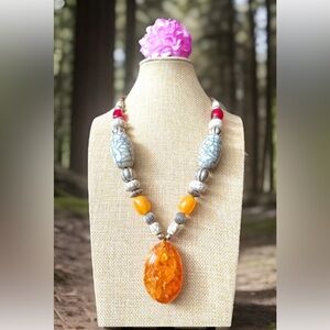 Vintage Amber resin pendant with Tibetan silver beads handmade necklace 106grams